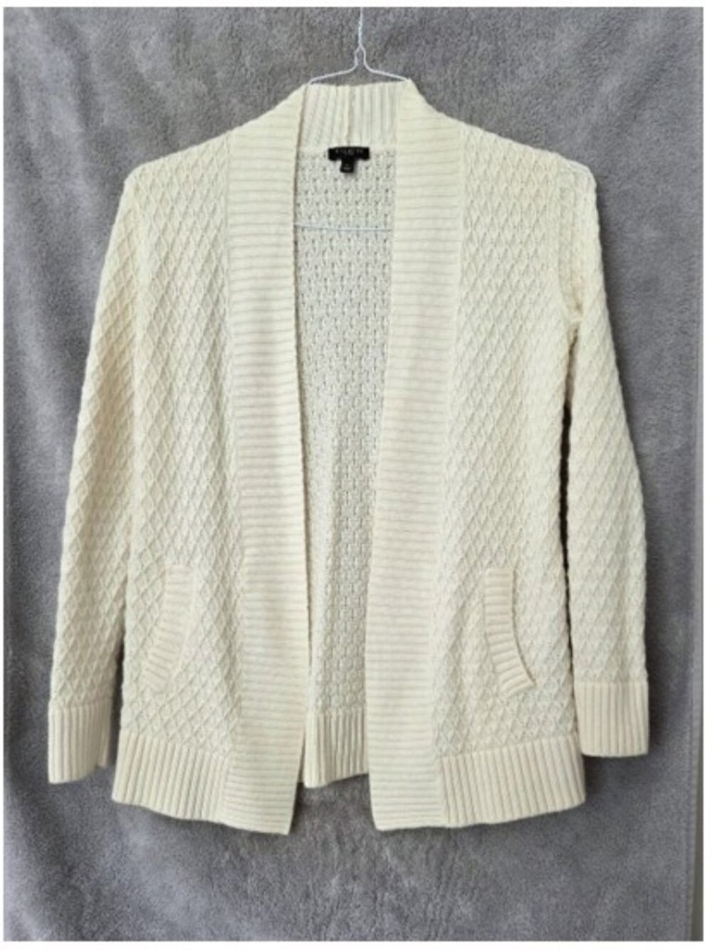 Talbots Ivory Open Front Textured Knit Pocketed Cardigan